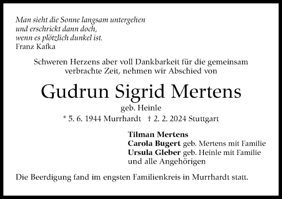 Traueranzeige von Gudrun  Mertens von Stuttgarter Zeitung / Stuttgarter Nachrichten