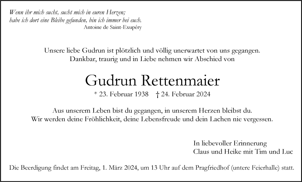 Traueranzeige für Gudrun Rettenmaier vom 28.02.2024 aus Stuttgarter Zeitung / Stuttgarter Nachrichten