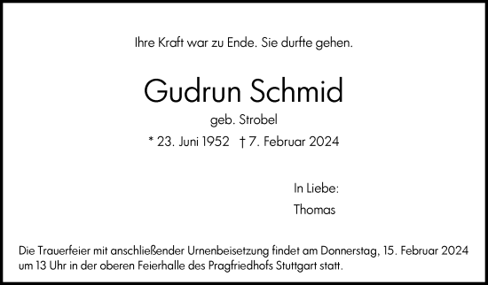Traueranzeige von Gudrun Schmid von Stuttgarter Zeitung / Stuttgarter Nachrichten