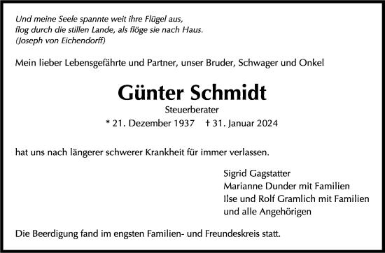 Traueranzeige von Günter Schmidt von Stuttgarter Zeitung / Stuttgarter Nachrichten
