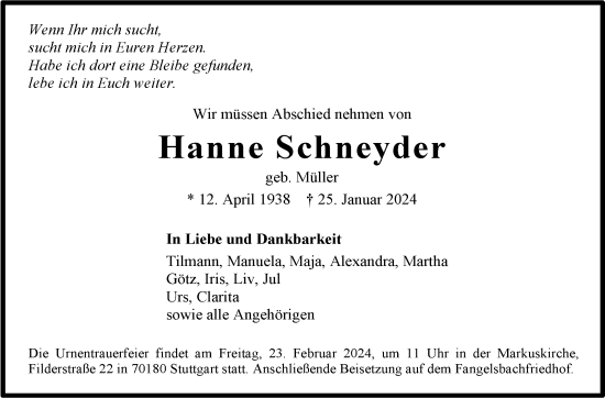 Traueranzeige von Hanne Schneyder von Stuttgarter Zeitung / Stuttgarter Nachrichten