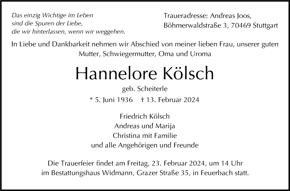  Traueranzeige für Hannelore Kölsch vom 20.02.2024 aus Stuttgarter Zeitung / Stuttgarter Nachrichten