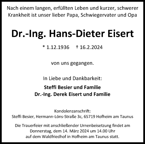 Traueranzeige von Hans-Dieter Eisert von Stuttgarter Zeitung / Stuttgarter Nachrichten