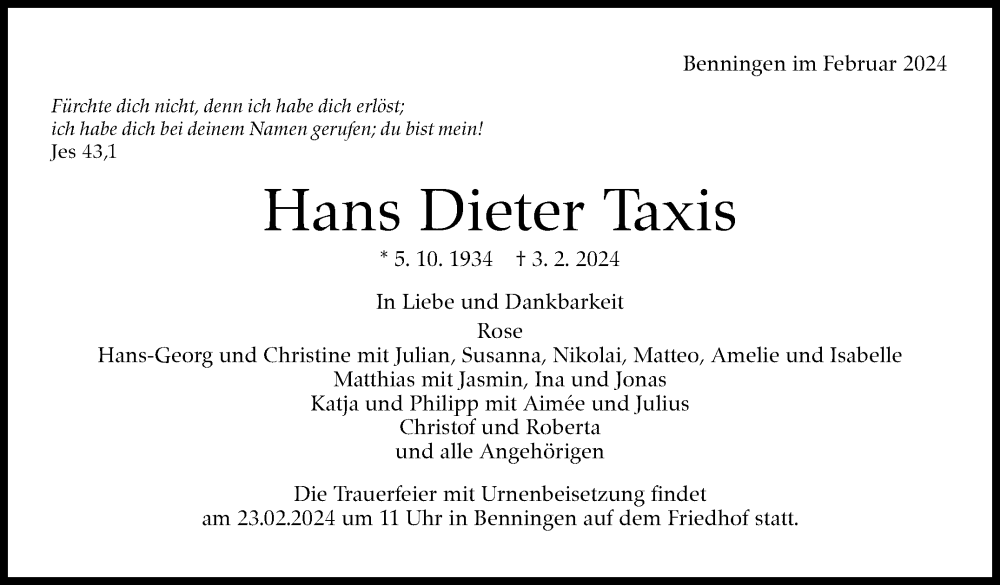  Traueranzeige für Hans Dieter Taxis vom 17.02.2024 aus Stuttgarter Zeitung / Stuttgarter Nachrichten