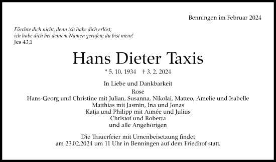 Traueranzeige von Hans Dieter Taxis von Stuttgarter Zeitung / Stuttgarter Nachrichten