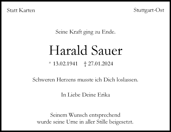 Traueranzeige von Harald Sauer von Stuttgarter Zeitung / Stuttgarter Nachrichten
