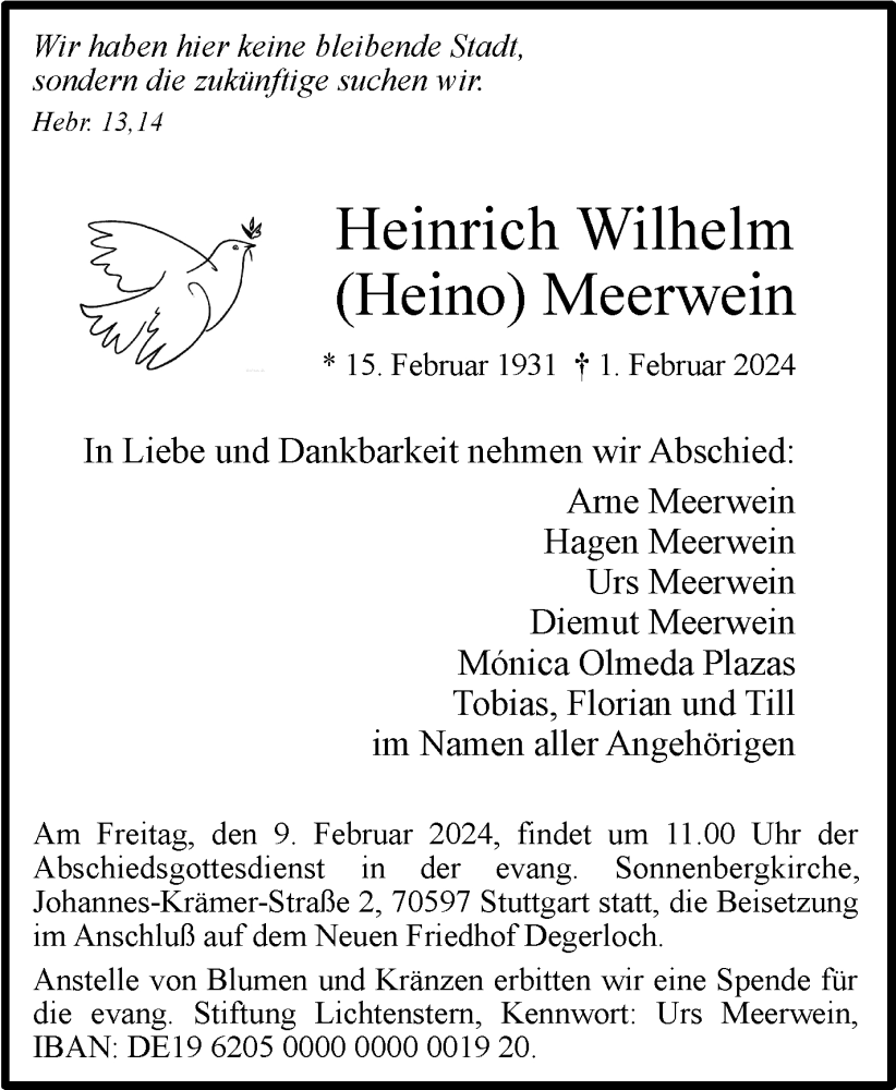  Traueranzeige für Heinrich Wilhelm Meerwein vom 07.02.2024 aus Stuttgarter Zeitung / Stuttgarter Nachrichten