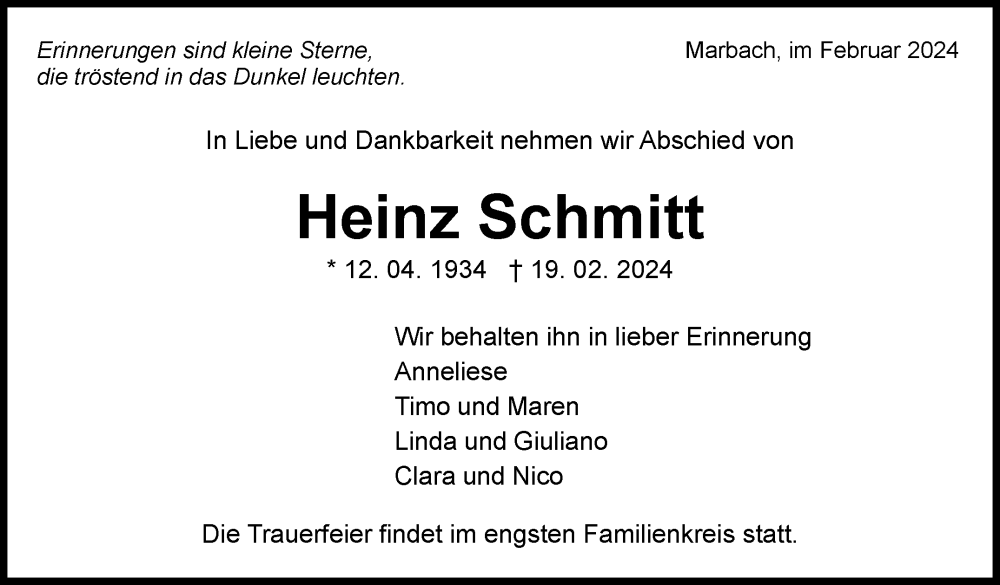 Traueranzeige für Heinz Schmitt vom 24.02.2024 aus Stuttgarter Zeitung / Stuttgarter Nachrichten