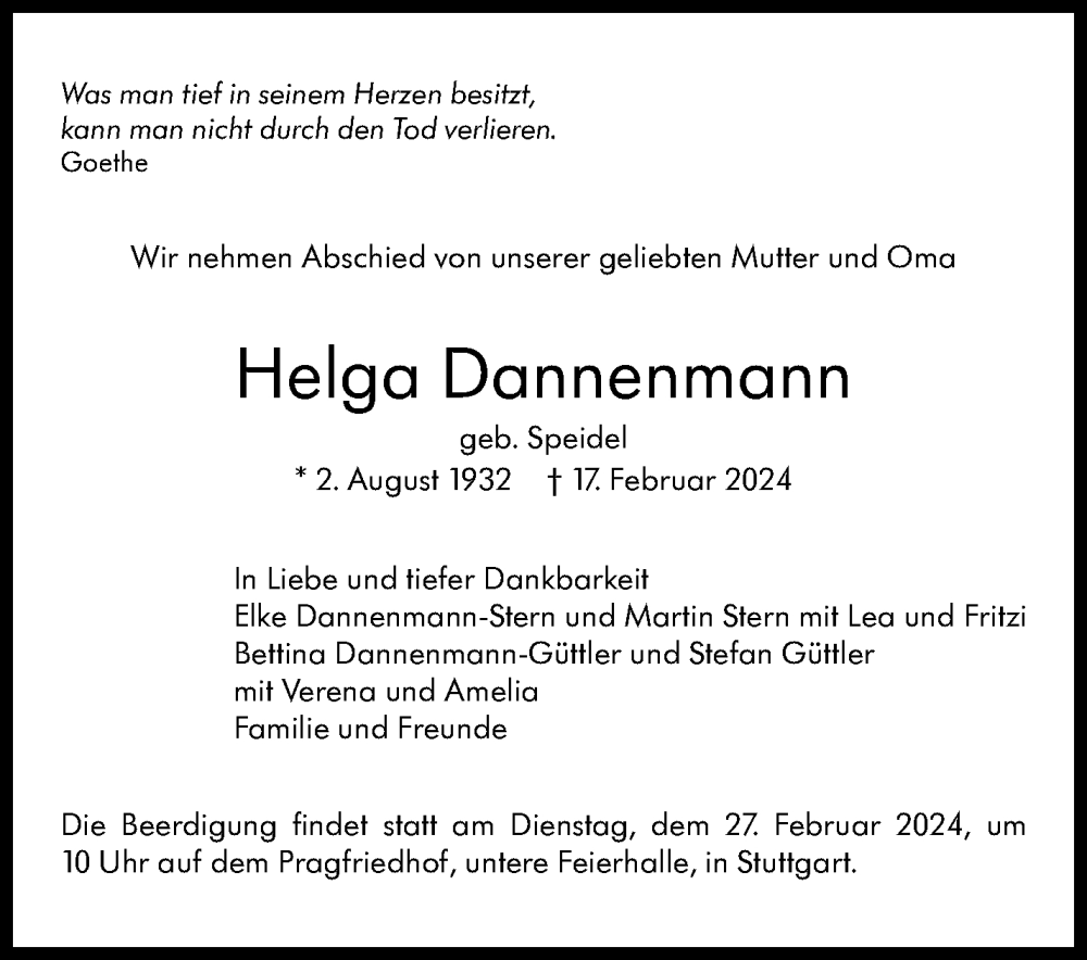  Traueranzeige für Helga Dannenmann vom 24.02.2024 aus Stuttgarter Zeitung / Stuttgarter Nachrichten