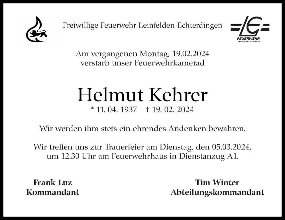  Traueranzeige für Helmut Kehrer vom 29.02.2024 aus Stuttgarter Zeitung / Stuttgarter Nachrichten