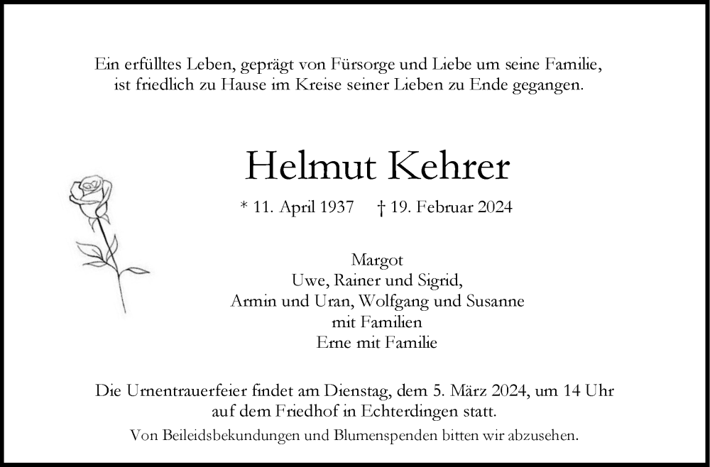  Traueranzeige für Helmut Kehrer vom 28.02.2024 aus Stuttgarter Zeitung / Stuttgarter Nachrichten