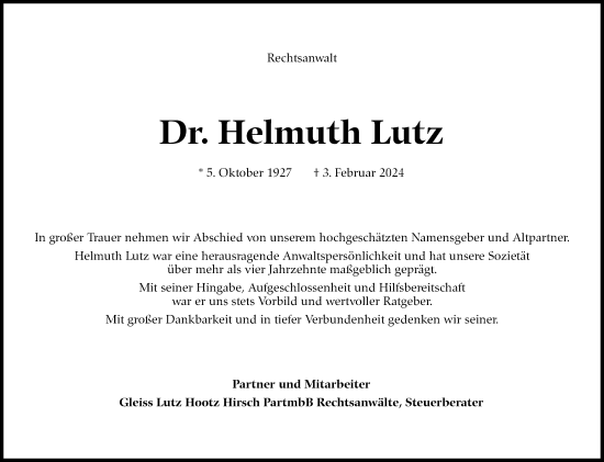 Traueranzeige von Helmuth Lutz von Stuttgarter Zeitung / Stuttgarter Nachrichten