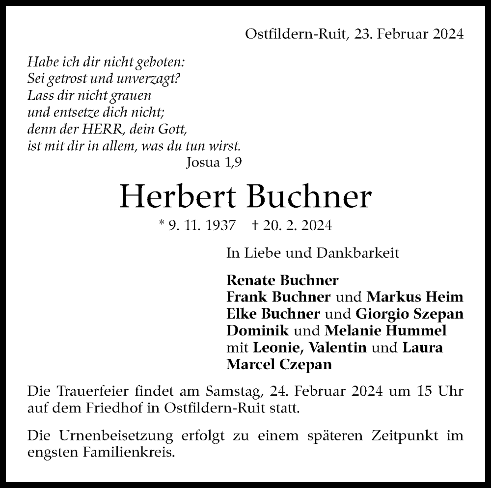  Traueranzeige für Herbert Buchner vom 23.02.2024 aus Stuttgarter Zeitung / Stuttgarter Nachrichten