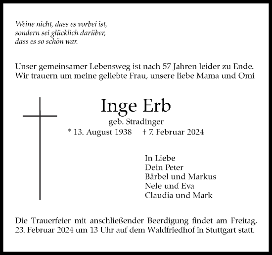 Traueranzeige von Inge Erb von Stuttgarter Zeitung / Stuttgarter Nachrichten