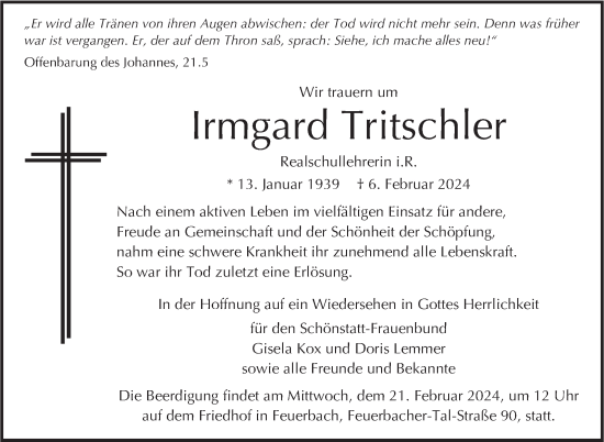 Traueranzeige von Irmgard Tritschler von Stuttgarter Zeitung / Stuttgarter Nachrichten