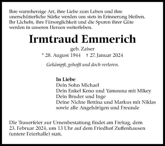 Traueranzeige von Irmtraud Emmerich von Stuttgarter Zeitung / Stuttgarter Nachrichten