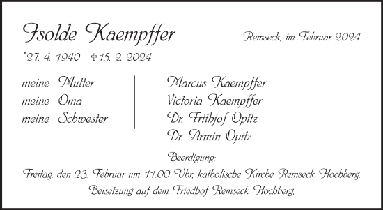 Traueranzeige von Isolde Kaempffer von Stuttgarter Zeitung / Stuttgarter Nachrichten