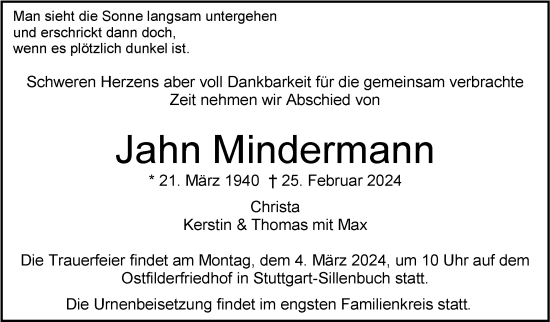 Traueranzeige von Jahn Mindermann von Stuttgarter Zeitung / Stuttgarter Nachrichten