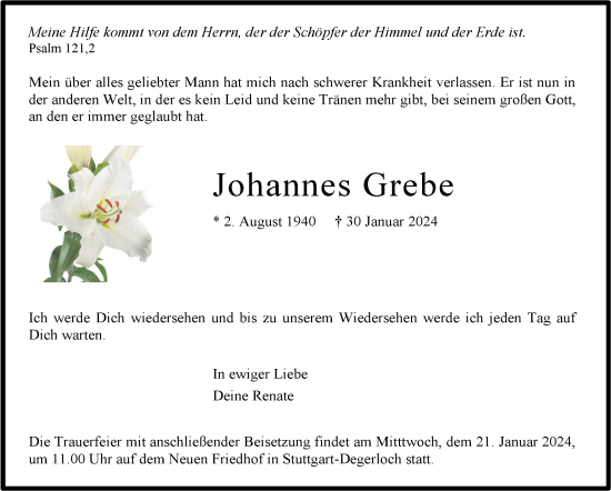 Traueranzeige von Johannes Grebe von Stuttgarter Zeitung / Stuttgarter Nachrichten