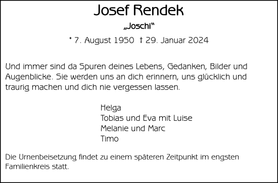 Traueranzeige von Josef Rendek von Stuttgarter Zeitung / Stuttgarter Nachrichten