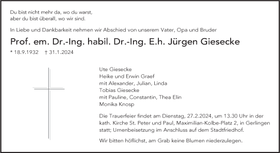 Traueranzeige von Jürgen Giesecke von Stuttgarter Zeitung / Stuttgarter Nachrichten