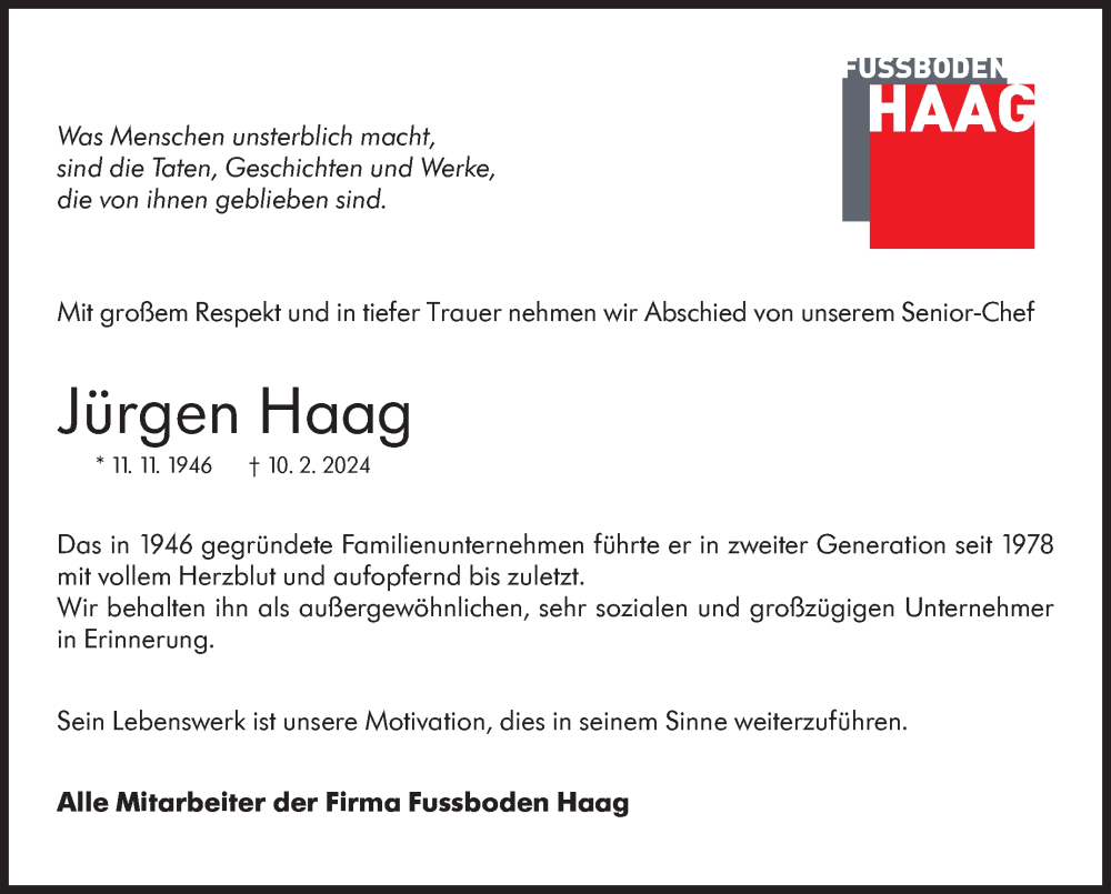  Traueranzeige für Jürgen Haag vom 14.02.2024 aus Stuttgarter Zeitung / Stuttgarter Nachrichten