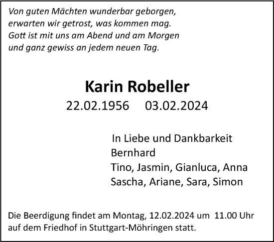 Traueranzeige von Karin Robeller von Stuttgarter Zeitung / Stuttgarter Nachrichten