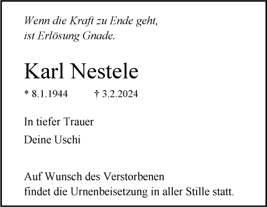 Traueranzeige von Karl Nestele von Stuttgarter Zeitung / Stuttgarter Nachrichten