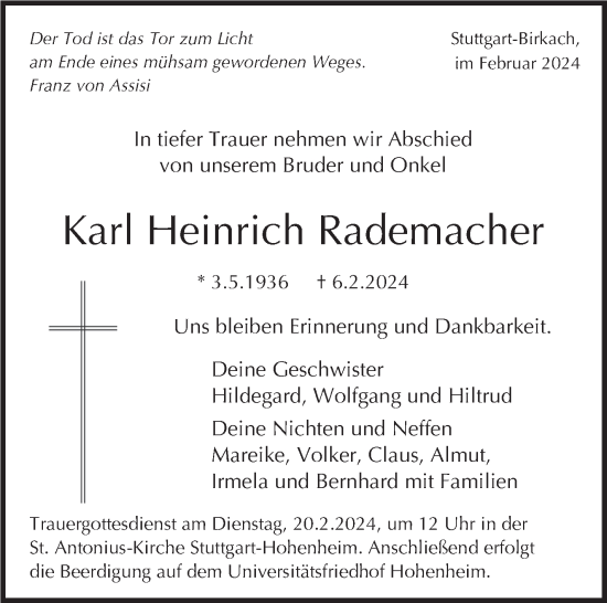 Traueranzeige von Karl Heinrich Rademacher von Stuttgarter Zeitung / Stuttgarter Nachrichten
