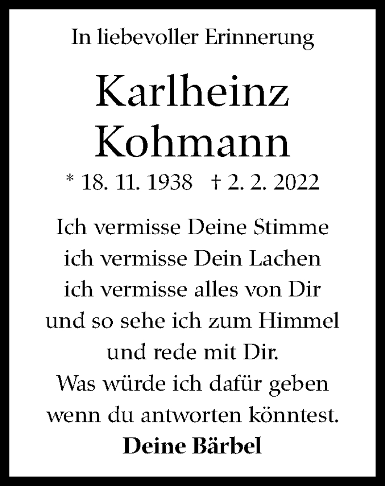  Traueranzeige für Karlheinz Kohmann vom 02.02.2024 aus Stuttgarter Zeitung / Stuttgarter Nachrichten