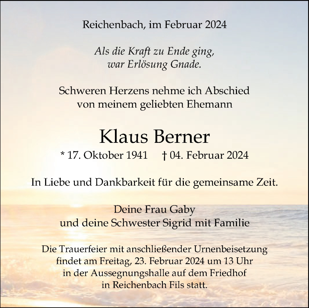  Traueranzeige für Klaus Berner vom 15.02.2024 aus Stuttgarter Zeitung / Stuttgarter Nachrichten