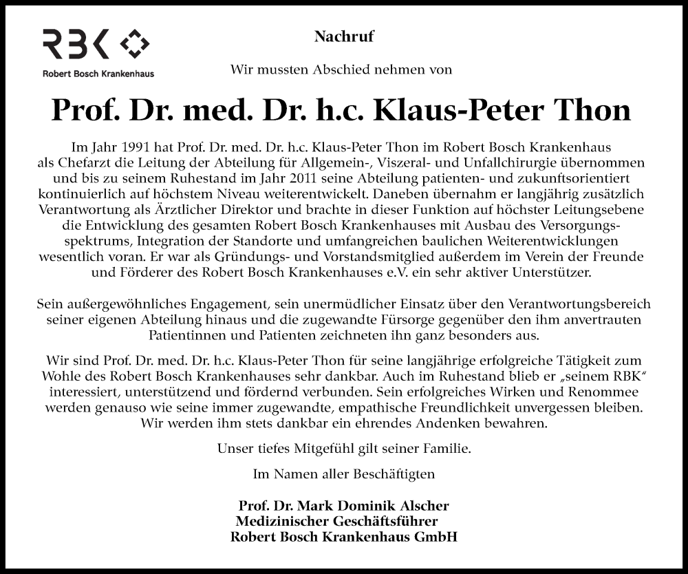 Traueranzeige für Klaus-Peter Thon vom 29.02.2024 aus Stuttgarter Zeitung / Stuttgarter Nachrichten