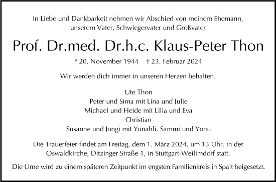 Traueranzeige von Klaus-Peter Thon von Stuttgarter Zeitung / Stuttgarter Nachrichten