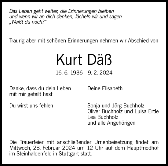 Traueranzeige von Kurt Däß von Stuttgarter Zeitung / Stuttgarter Nachrichten
