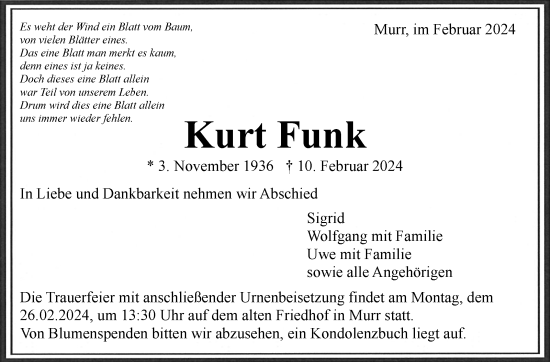 Traueranzeige von Kurt Funk von Stuttgarter Zeitung / Stuttgarter Nachrichten
