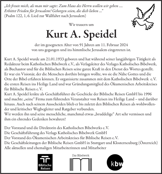 Traueranzeige von Kurt A. Speidel von Stuttgarter Zeitung / Stuttgarter Nachrichten