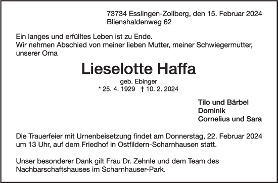 Traueranzeige von Lieselotte Haffa von Stuttgarter Zeitung / Stuttgarter Nachrichten