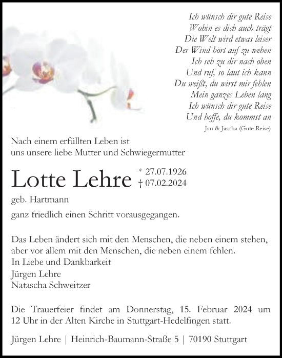 Traueranzeige von Lotte Lehre von Stuttgarter Zeitung / Stuttgarter Nachrichten