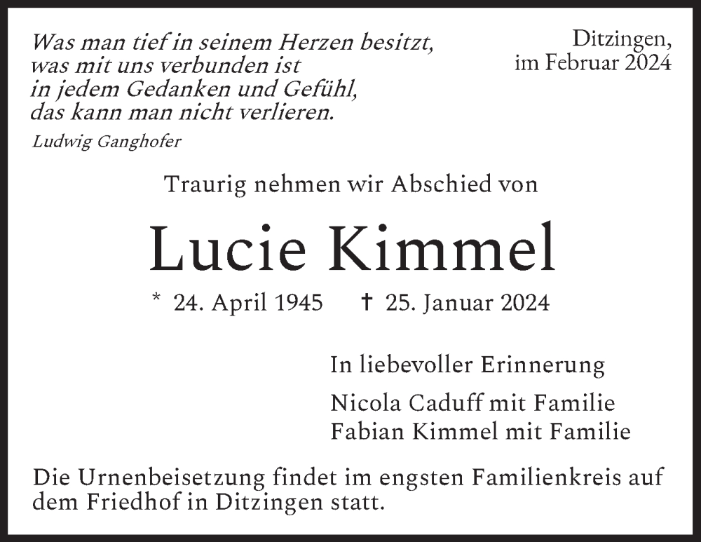  Traueranzeige für Lucie Kimmel vom 10.02.2024 aus Stuttgarter Zeitung / Stuttgarter Nachrichten