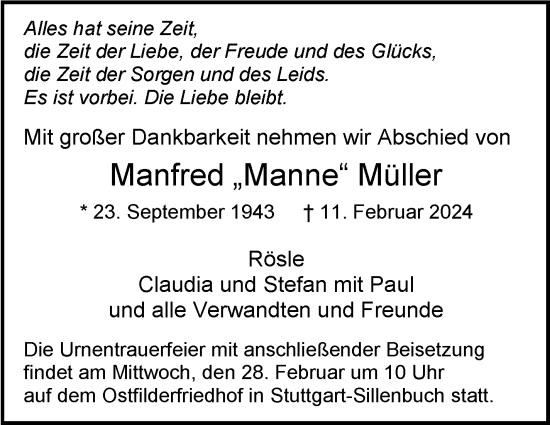 Traueranzeige von Manfred Müller von Stuttgarter Zeitung / Stuttgarter Nachrichten