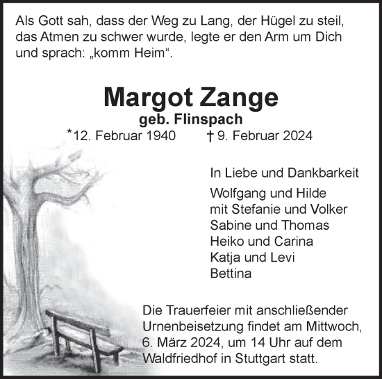 Traueranzeige von Margot Zange von Stuttgarter Zeitung / Stuttgarter Nachrichten
