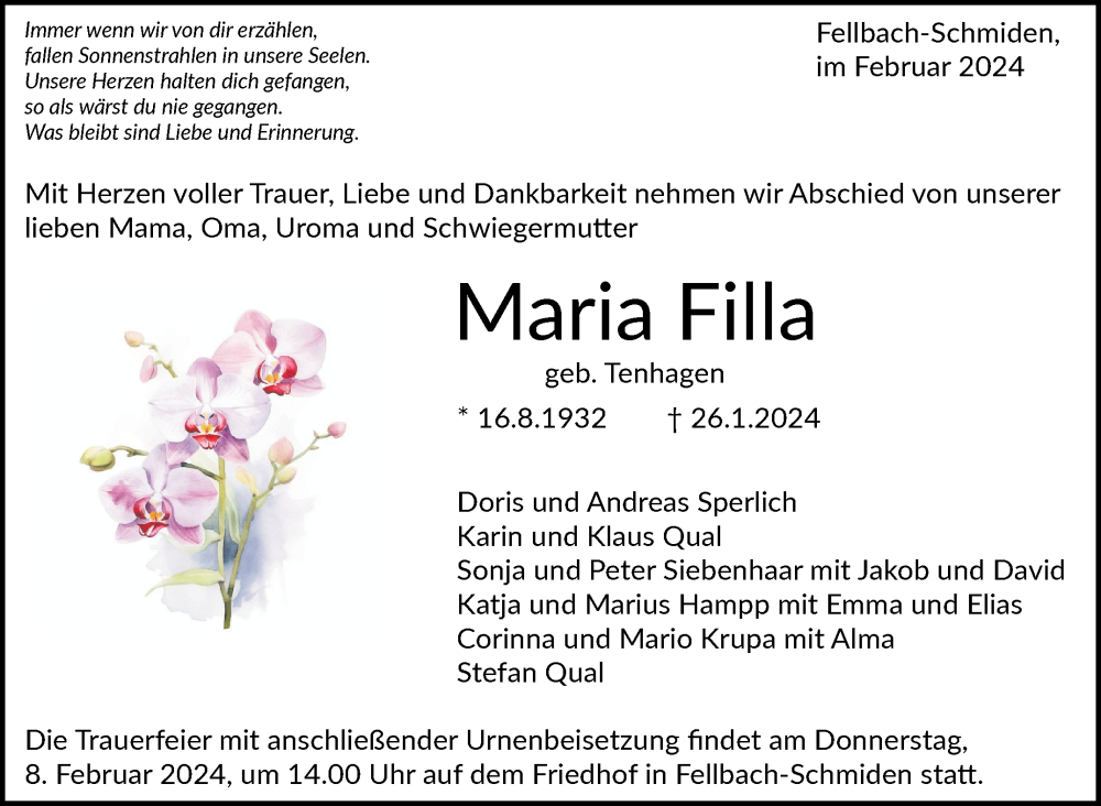  Traueranzeige für Maria Filla vom 02.02.2024 aus Stuttgarter Zeitung / Stuttgarter Nachrichten