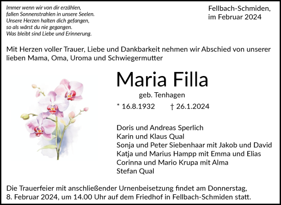 Traueranzeige von Maria Filla von Stuttgarter Zeitung / Stuttgarter Nachrichten
