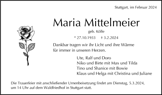 Traueranzeige von Maria Mittelmeier von Stuttgarter Zeitung / Stuttgarter Nachrichten