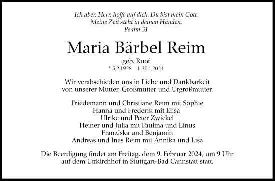 Traueranzeige von Maria Bärbel Reim von Stuttgarter Zeitung / Stuttgarter Nachrichten