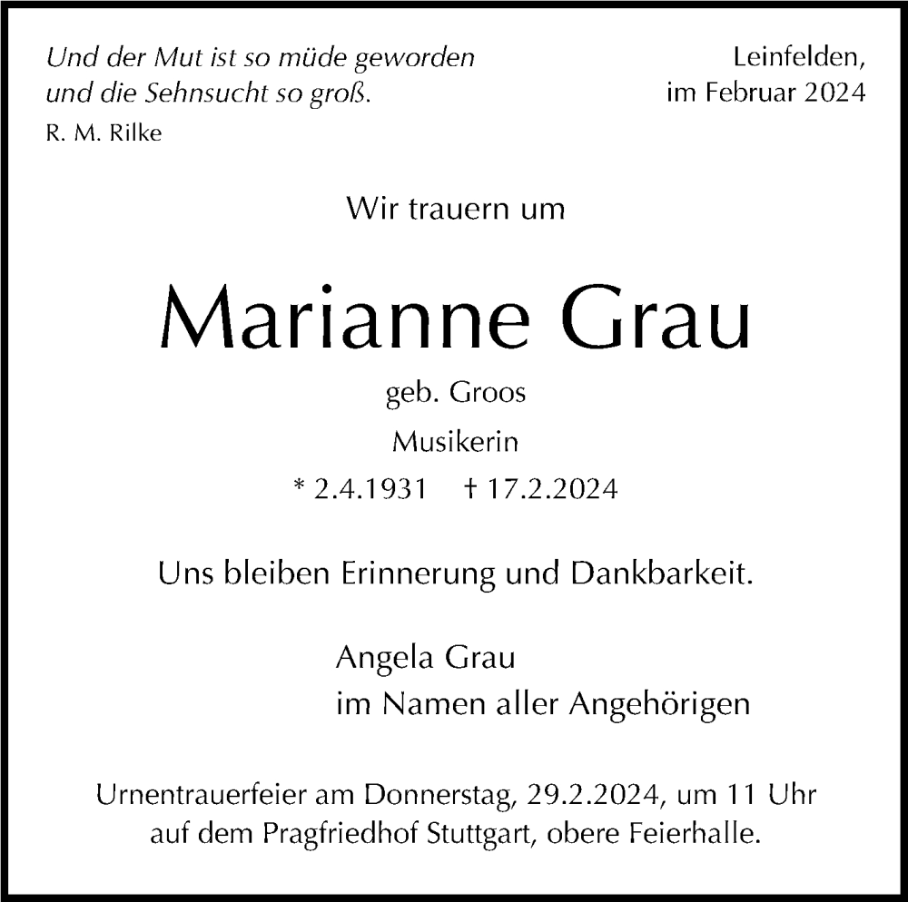  Traueranzeige für Marianne Grau vom 24.02.2024 aus Stuttgarter Zeitung / Stuttgarter Nachrichten