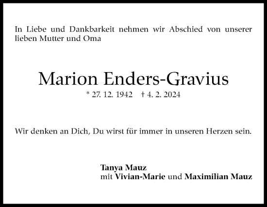 Traueranzeige von Marion Enders-Gravius von Stuttgarter Zeitung / Stuttgarter Nachrichten