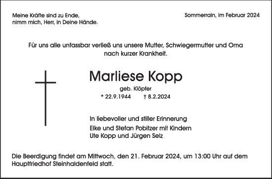 Traueranzeige von Marliese Kopp von Stuttgarter Zeitung / Stuttgarter Nachrichten