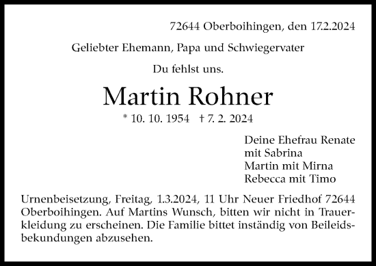 Traueranzeige von Martin Rohner von Stuttgarter Zeitung / Stuttgarter Nachrichten
