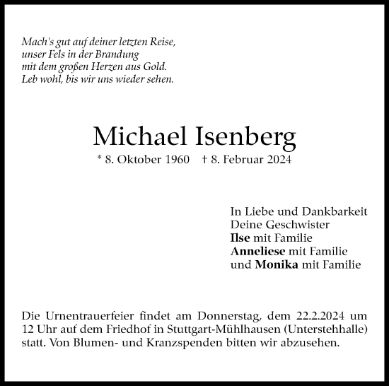 Traueranzeige von Michael Isenberg von Stuttgarter Zeitung / Stuttgarter Nachrichten